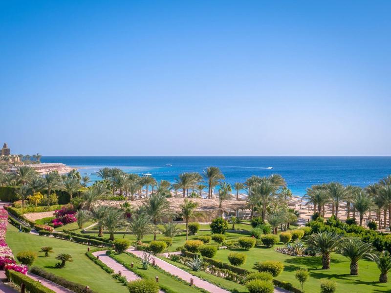 Vista de un jardín de hotel bien cuidado con palmeras y el mar al fondo bajo un cielo azul.