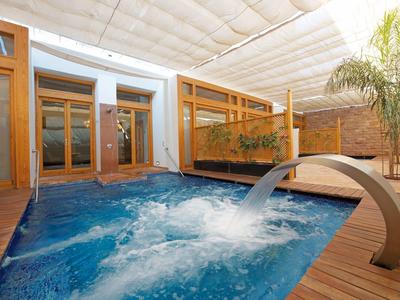 Moderne overdekte zwembad met waterval en houten bekleding in een wellnessruimte.