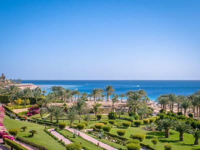 View of a well-kept hotel garden with palm trees and the sea in the background under a blue sky.