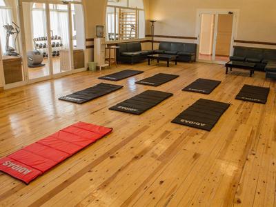 Velký pokoj s dřevěnou podlahou a podložkami na jógu nebo fitness cvičení.