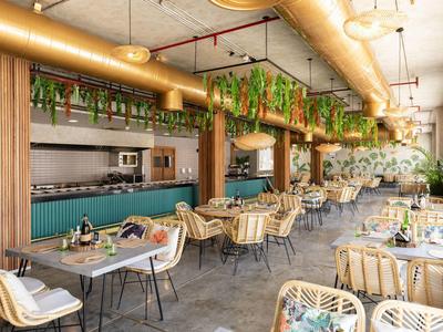 Hell eingerichtetes, modernes Café mit Holzmöbeln, grünen Pflanzen und türkisfarbenen Sitzpolstern.