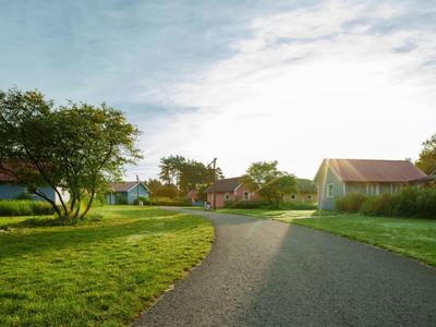 Słoneczna ścieżka na spokojnym wiejskim terenie hotelowym z zielonymi trawnikami i drzewami.