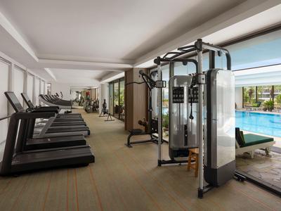 Moderner Fitnessraum mit Laufbändern und Trainingsgeräten neben einem sonnigen Poolbereich.