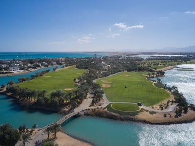 Luftaufnahme einer Küstenlandschaft mit Brücke, grünen Flächen und Meer bei klarem Himmel.