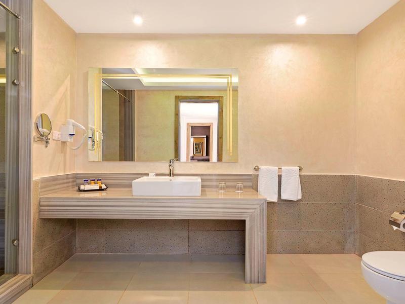 Bagno moderno con grande lavabo, specchio e WC separato.