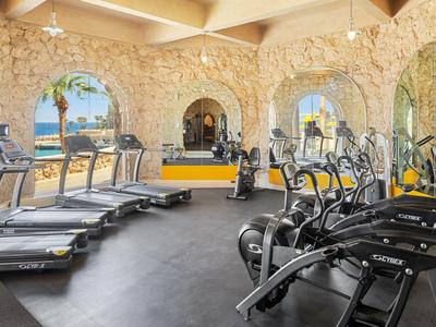Gimnasio con cintas de correr y máquinas, ventanas con vista al mar