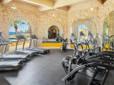 Modern gym with treadmills and cross trainers, offering a sea view.