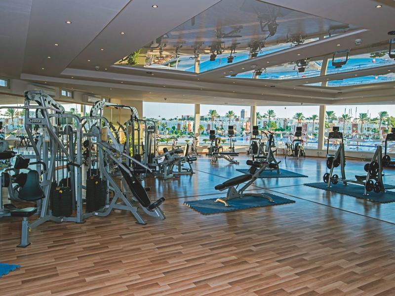 Moderner Fitnessraum mit verschiedenen Trainingsgeräten und großen Fenstern mit Blick nach draußen.