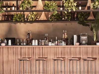 Moderner Hotelbarbereich mit Holztheke, Barhockern und Pflanzen an der Wand.