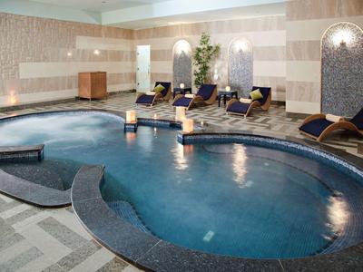 Piscina interna con acqua blu curva, lettini e luci calde alle pareti.