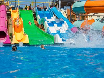 Toboganes de agua coloridos que desembocan en una piscina con agua azul clara.