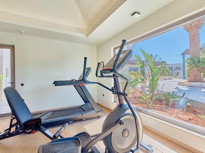 Helles Fitnessstudio mit Ausdauergeräten und Blick auf einen Pool und Palmen.