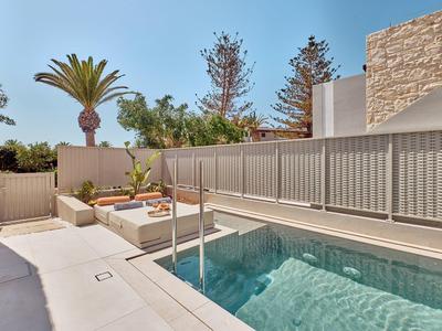 Small pool with metal ladder next to paved area and palm trees in the garden.