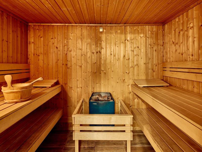 Wooden sauna with benches and heater centered in the room