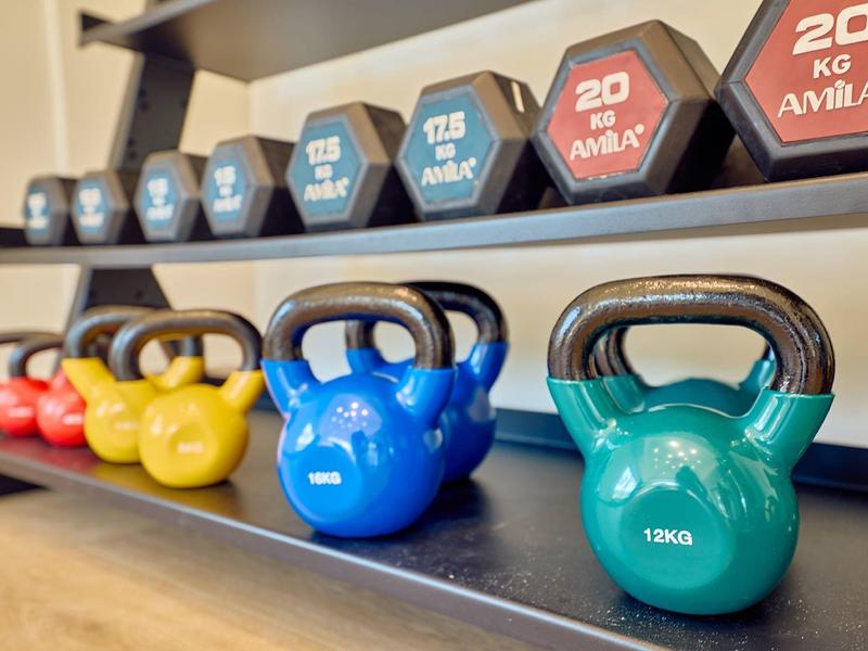 Colorful kettlebells and dumbbells neatly arranged on a rack in a gym setting.