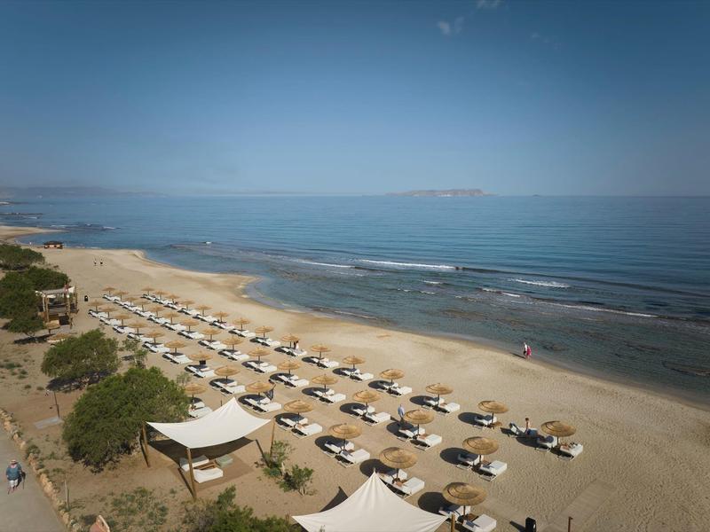 Beach with rows of sunbeds and umbrellas, calm sea and clear sky.