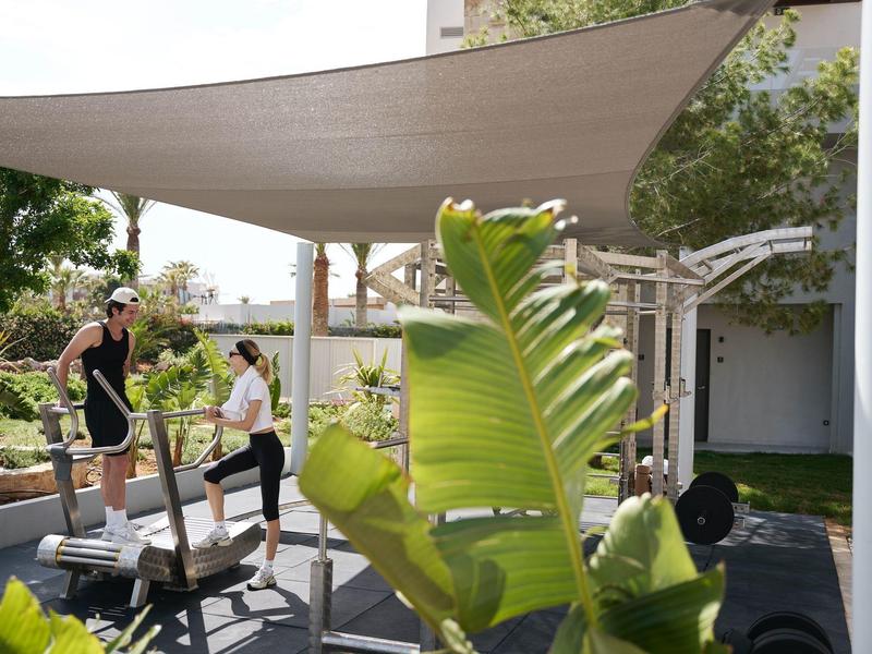 Two women exercising outdoors on steppers under a sunshade near a garden.