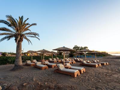 Sandstrand mit Palmen, mehreren Liegen und Sonnenschirmen bei klarem Himmel am Abend.
