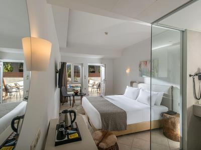 Habitación de hotel moderna con cama grande, ducha de cristal y luz natural.