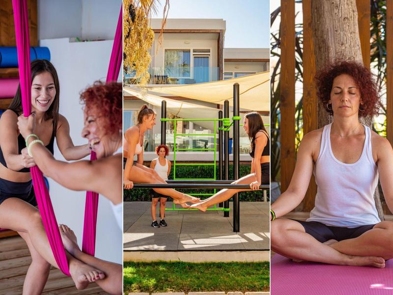 Tres imágenes muestran yoga: ejercicio en pareja con tela, estiramiento al aire libre, meditación en esterilla.