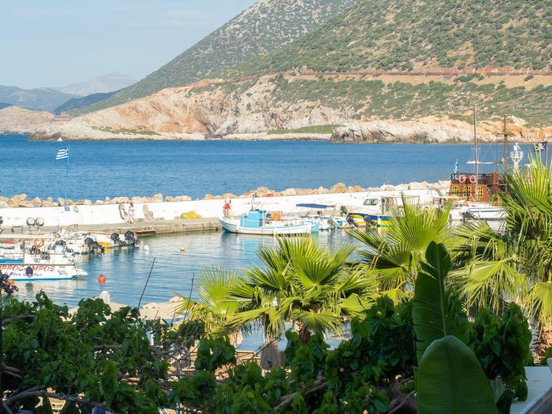 Blick auf einen Hafen mit Booten, Palmen und Bergen im Hintergrund bei sonnigem Wetter