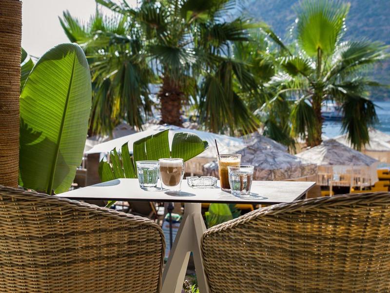 Terrasse mit Tisch und zwei Stühlen, Palmen und See im Hintergrund an einem sonnigen Tag