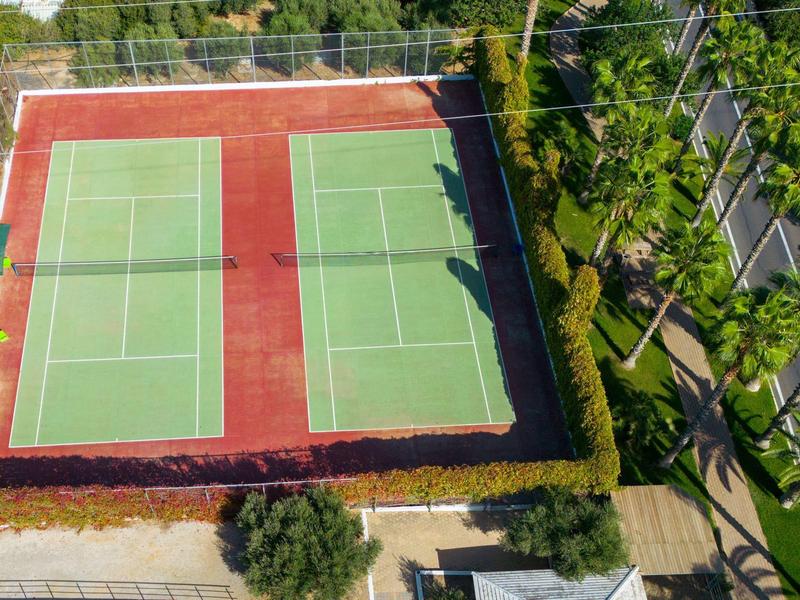 Widok z lotu ptaka na kort tenisowy z zieloną powierzchnią i czerwonym obramowaniem, otoczony roślinami.