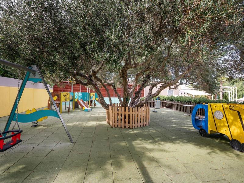 Plac zabaw dla dzieci z huśtawkami i dużymi drzewami oliwnymi na zewnątrz.