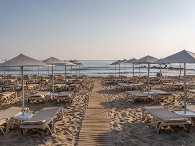 Sombrillas y tumbonas en la playa con vista al mar tranquilo bajo un cielo despejado.