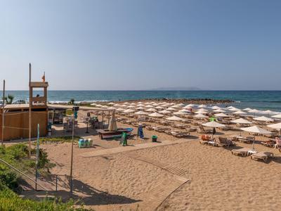 Playa de arena con muchas sombrillas y sillas junto al mar azul tranquilo y cielo despejado.