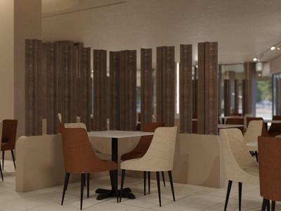 Área de comedor moderna con sillas marrones y blancas, mesas redondas y decoración con paneles de madera.