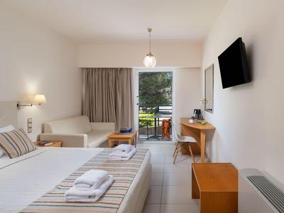 Lichte hotelkamer met tweepersoonsbed, bureau, tv en balkon met groen uitzicht.