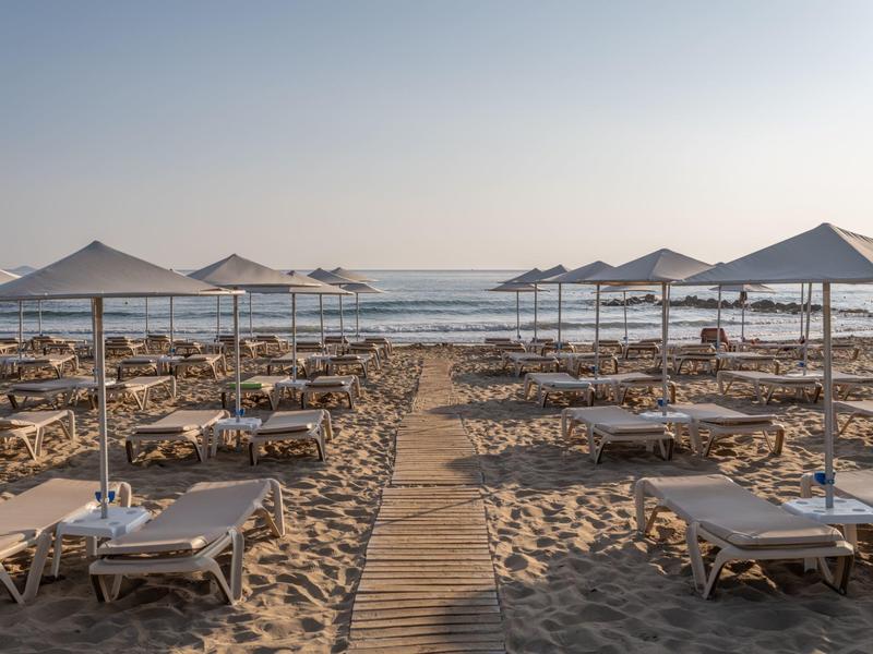 Sombrillas y tumbonas en la playa con vista al mar tranquilo bajo un cielo despejado.