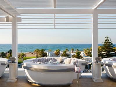 Nowoczesne jacuzzi na tarasie z widokiem na morze i palmy.