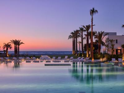 Piscina a sfioro con palme e vista sull'oceano al tramonto in un resort alberghiero.