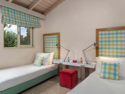 Dos camas individuales con cabeceras a cuadros, ropa blanca y taburetes rojos en una habitación luminosa.