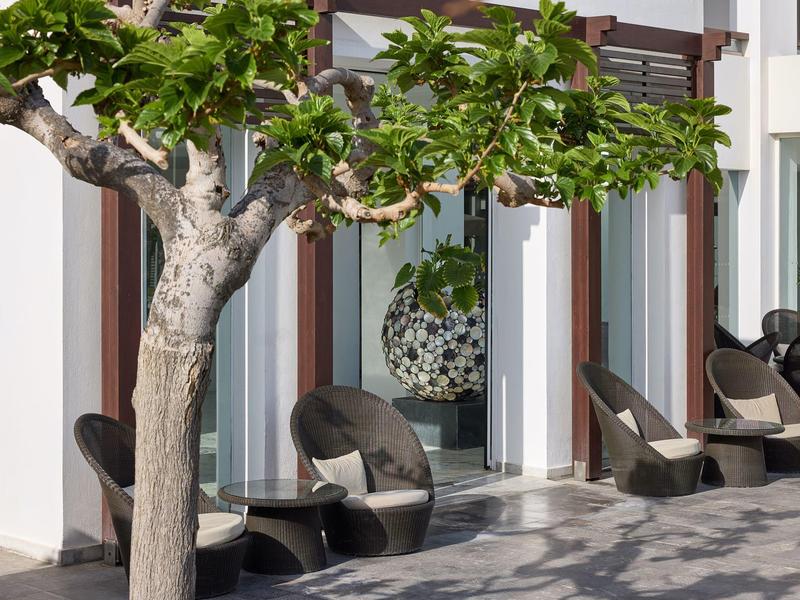 Sillas cómodas y terraza soleada junto a un árbol frente a un edificio de hotel moderno.