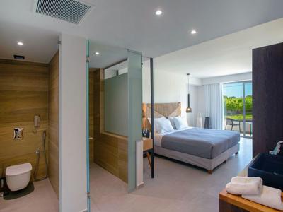 Modern hotel room with double bed, bathroom with shower, and view of green landscape.