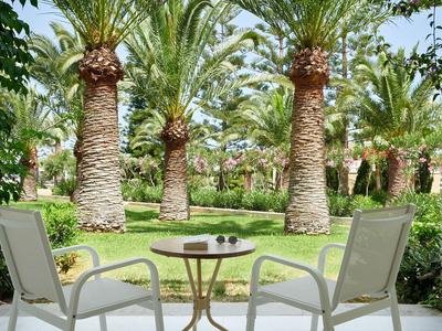 Blick von Terrasse mit zwei Stühlen und kleinem Tisch auf grünen Garten mit Palmen.