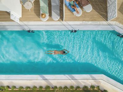 Widok z lotu ptaka na basen z osobą pływającą, leżaki i zieloną przestrzenią obok.