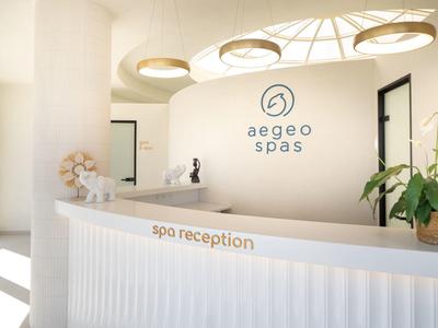 Helle Spa-Rezeption mit modernem weißen Tresen, Pflanzen und rundem Deckenlicht.