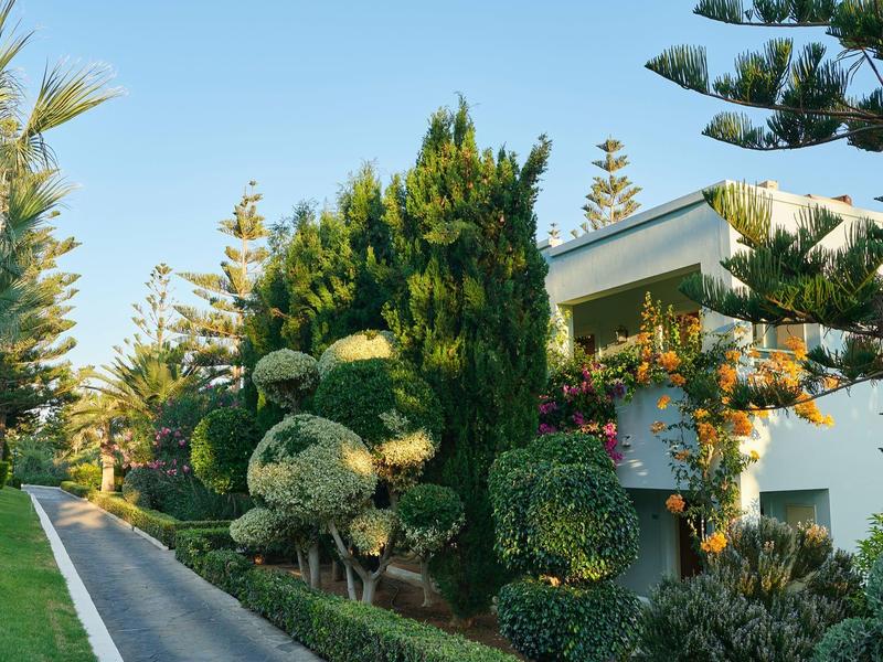 Moderne weiße Villa mit üppigem, kreativ geschnittenem Grün und Palmen an einem sonnigen Weg.