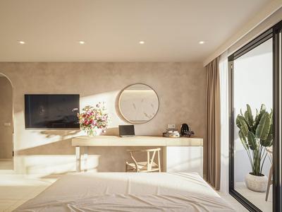 Chambre d'hôtel lumineuse au design moderne, lit, balcon avec plantes et miroir mural.