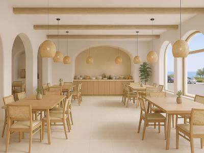 Lichte, modern restaurant met houten meubels en grote bogen met uitzicht op zee.