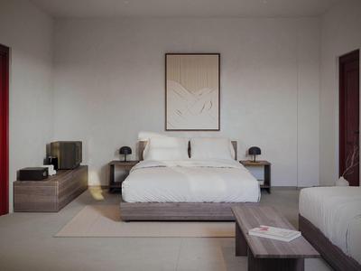 Modernes Schlafzimmer mit weißem Bett, Nachttischen, minimalistischem Design und Kunst an der Wand.