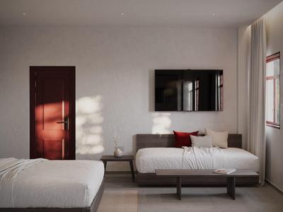 Modernes Hotelzimmer mit zwei Betten, großem Spiegel und hellem Tageslicht.