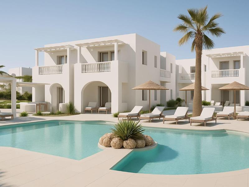 Moderner weißer Hotelkomplex mit Pool, Liegestühlen und Palmen unter klarem Himmel.