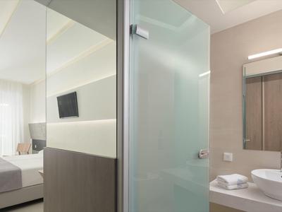 Habitación de hotel moderna con cama, TV y baño con ducha de vidrio y lavabo