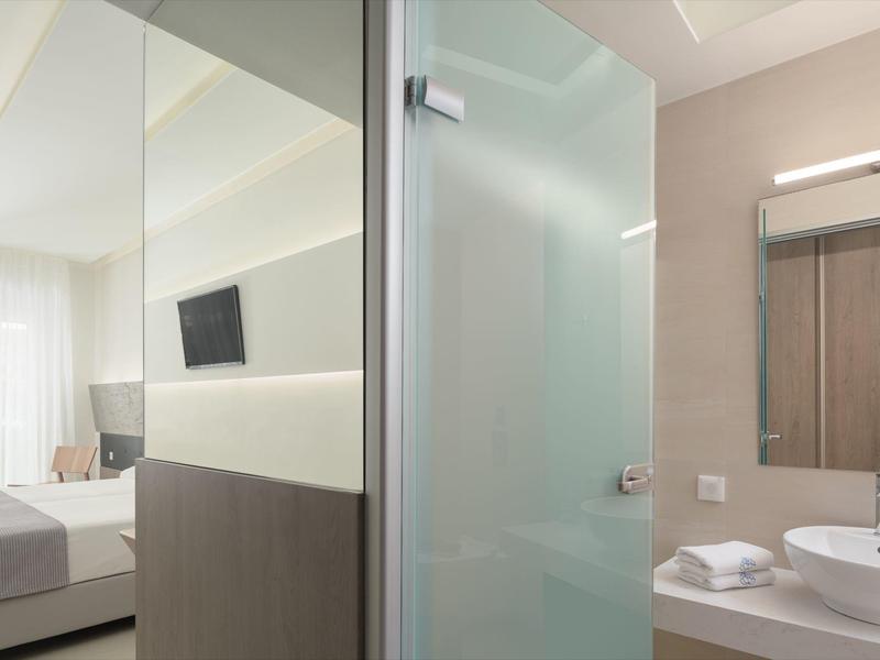 Habitación de hotel moderna con cama, TV y baño con ducha de vidrio y lavabo