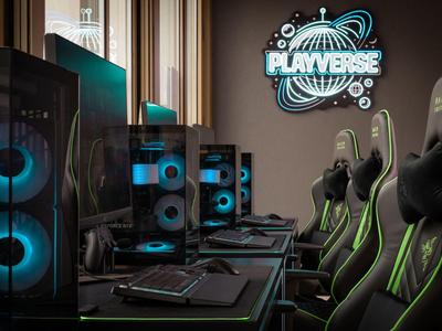 Meerdere computerwerkplekken met gamingstoelen en verlichte pc-torens in een moderne ruimte.